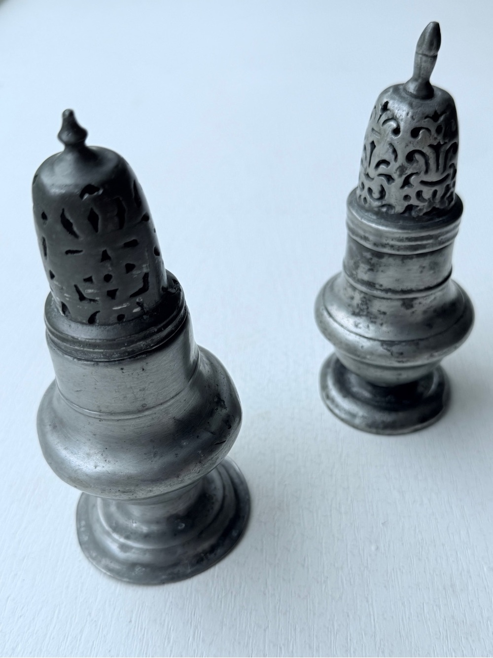 Vintage Pewter Sugar Spice Casters Shakers Pierced Tops Set of 2